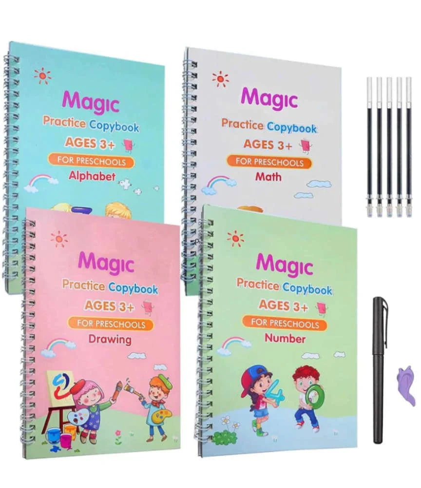 Kids Magic Practice Copybook Set of 4 with 10 Refill Pens – Reusable Handwriting Learning Books for Home & School