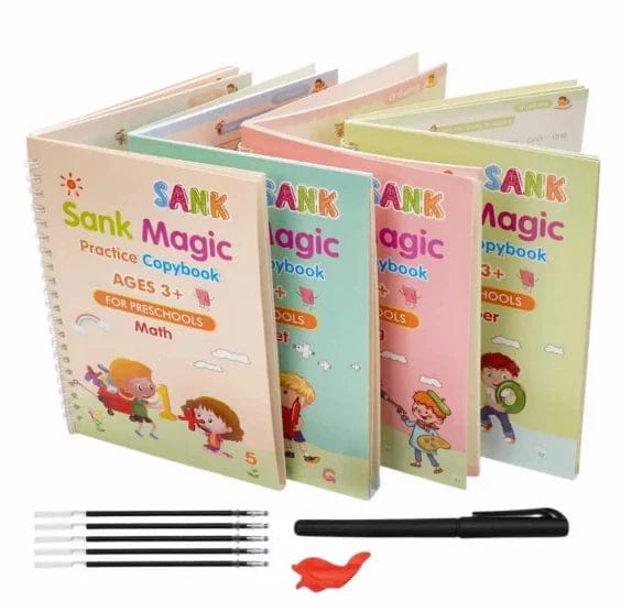 Kids Magic Practice Copybook Set of 4 with 10 Refill Pens – Reusable Handwriting Learning Books for Home & School